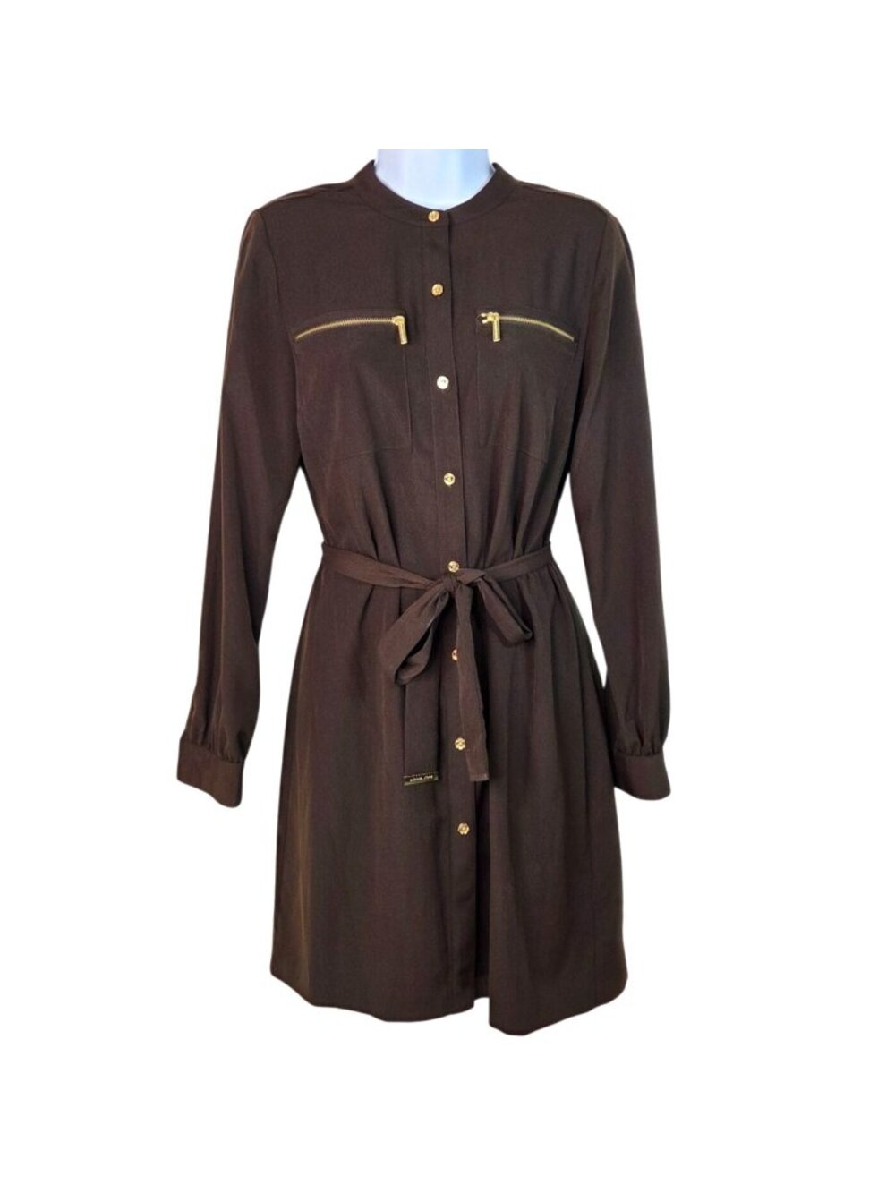 Michael Kors Brown Long Sleeve Shirt Dress W/ Gold Accents & Belt Size 4C